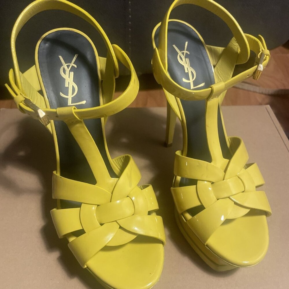 SAINT LAURENT TRIBUTE LEATHER PLATFORM HEEL SANDALS Yellow
